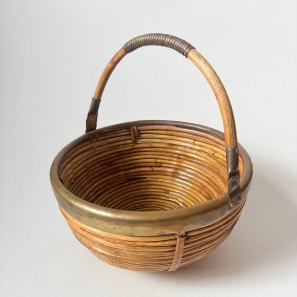 Gabriella Crespi Other - Large Vintage 1970's Italian Brass Rimmed Pencil Bamboo Basket With Handle